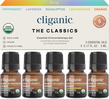 Cliganic Organic Essential Oils Set (Top 5 - The Classics) - 100% Pure Natural - Aromatherapy, Candle Making - Peppermint, Lavender, Eucalyptus, Lemongrass & Orange