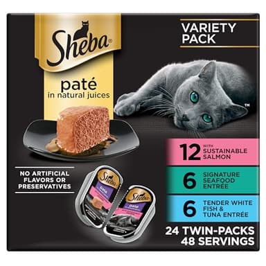 Sheba Perfect Portions Wet Cat Food Pate with Sustainable Salmon, Signature Seafood Entree, and Tender White Fish and Tuna Entree Variety Pack, 2.6 oz. Twin Pack Trays (24 Count, 48 Servings)