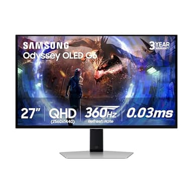 Samsung 27” Odyssey OLED G6 (G60SD) Series Gaming Monitor with QHD & QD-OLED, 360Hz 0.03ms, AMD FreeSync Premium Pro, Anti-Glare, Sleek Design, Cooling System, 3 Year Warranty, LS27DG602SNXZA