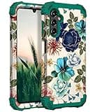 Hocase for Galaxy A15 5G Case, Heavy Duty Shockproof Protection Soft Silicone Rubber Bumper+Hard Plastic Hybrid Protective Case for Samsung Galaxy A15 5G (6.5") 2024 - Teal Flowers