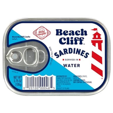 Beach Cliff Sardines in Water, 3.75 oz Can - Wild Caught Sardines - 12g Protein per Serving - Gluten Free, Keto Friendly