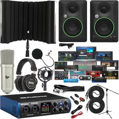PreSonus Studio 24c Recording Studio Bundle with Mackie CR4-X Monitors, Condenser Microphone, Isolation Shield, Headphones, XLR Cables & Complete Music Production Software Suite