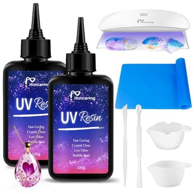 Honcaring UV Resin Kit 200g with UV Light, Hard Type UV Resin Kit, Upgraded Formula & Crystal Clear UV Resin for Jewlery Making, 100g*2 Resin UV Kit with Light for Earring, Pendant, DIY