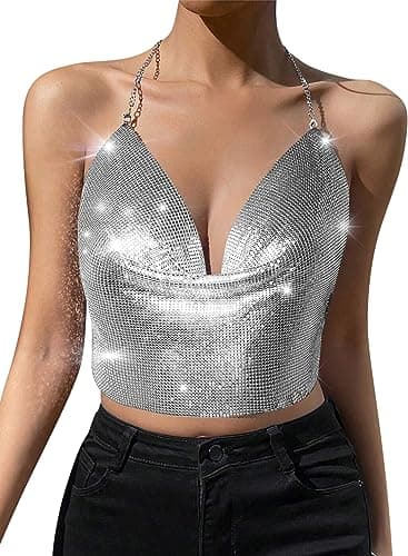 Womens Sexy Sparkly Chain Top - Metallic Sequin Rhinestone Halter Backless Crop Outfit EDM Party Club Tank Shirt(Silver,M,10723a)
