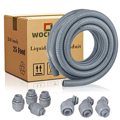 Wocloer Liquid-Tight Conduit - 3/4inch 25 Foot Flexible Non Metallic Liquid Tight Electrical Conduit Kit, With 4 Straight and 3 90-Degree Conduit Connector Fittings.3/4" Dia