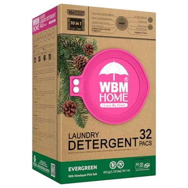 WBM Laundry Detergent Pods - Ultra-Concentrated, Hypoallergenic, Stain-Fighting, Evergreen Scent, 32-Pack, Recyclable Packaging for Eco-Friendly Cleaning