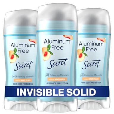 Secret Aluminum Free Deodorant for Women, 48hr Odor Protection, Free of Parabens Dyes Talc & Baking Soda, PH Balancing Minerals, Invisible Solid, White Peach Scent, 2.4 oz (Pack Of 3)