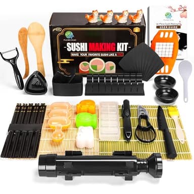 FUNGYAND Sushi Making Kit, 32-in-1 Complete Set with Bazooka Roller, Nigiri & Musubi Presses, Bamboo Mats, Knife, Peeler, Animal Rice Molds, Chopsticks & More – Perfect for Family Fun