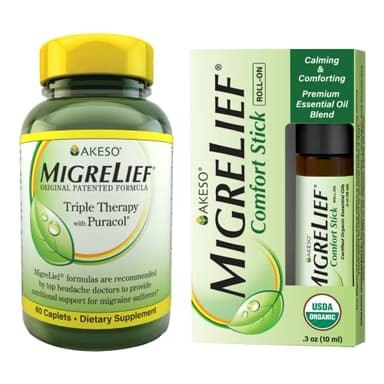 Nutritional Support & Comfort Kit for Migraine Sufferers - MigreLief Original Daily Triple Therapy Formula, Plus MigreLief Comfort Stick Essential Oils Roll-On (10ml) - 1 Month Supply.