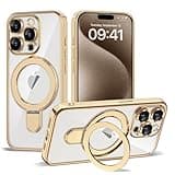 ETPESOK Compatible with iPhone 15 Pro Max Case with Invisible Magnetic Ring Stand [Compatible with Mag-Safe] [Full Camera Lens Protector] Plating Clear Phone Case for iPhone 15 Pro Max 6.7", Gold