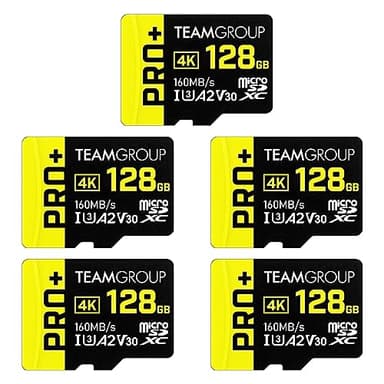 TEAMGROUP A2 Pro Plus Card 128GB x 5 Pack Micro SDXC UHS-I U3 A2 V30, R/W up to 160/110 MB/s for Nintendo-Switch, Gaming Devices, Tablets, Smartphones, 4K Shooting, with Adapter TPPMSDX128GIA2V3003
