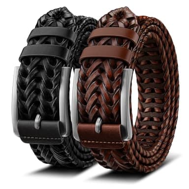 BULLIANT Men Belt, Braided Leather Belt Adjustable For Men Casual Jeans Golf 1 3/8"(Black/Light Brown,34"-38" Waist Adjustable)