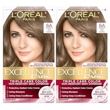L'Oreal Paris Excellence Crème Permanent Hair Dye, Triple Care Hair Color with Pro-Keratine Complex for 100% Gray Hair Coverage, 6A Light Ash Brown, 1 Kit (Pack of 2)