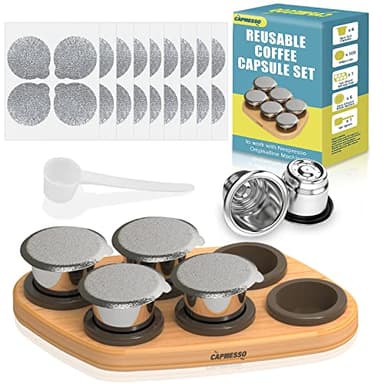 CAPMESSO Reusable Capsules for Nespresso OriginalLine, 6pcs Refillable Pods - Stainless Steel Coffee Pods Compatible with Nespresso OriginalLine Machine (6 Pods + 100 Lids + Wood Storage Tray)