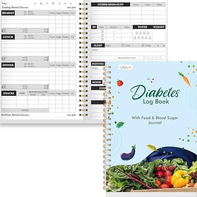 Diabetes Log Book, 80 Sheets Food & Blood Sugar Track Journal Spiral Bound Notebook for Types 1 & 2 Diabetics, Attached Diabetes Food List for Meal Plan & BG Control