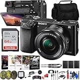Sony Alpha a6000 Mirrorless Camera with 16-50mm Lens (ILCE6000L/B) + Filter Kit + 64GB Card + 2 x NPF-W50 Battery + Card Reader + LED Light + Corel Photo Software + Case + Flex Tripod + More (Renewed)