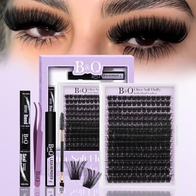 B&Q Fluffy Lash Clusters Kit UltraSoft Cluster Eyelash Extensions, 200D Volume Eyelash clusters 10-18mm Lash Extension Kit, D Curl Individual Lashes kit with lash Applicator Tool (200D Set)