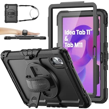 SEYMAC stock Tablet Case for Lenovo Idea Tab 11'' / M11 (TB336FU/TB330FU) 11 inch Drop-Proof Protection Cover with 360° Rotate Stand & Strap [Pen Holder] & Screen Protector 2025/2024, Black