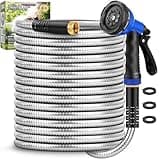 Garden Hose 25 ft, Stainless Steel Metal Water Hose with 10 Function Nozzle, Lightweight Hose, No Kink, Leak-proof, Puncture Resistant for Yard, Outdoor, RV