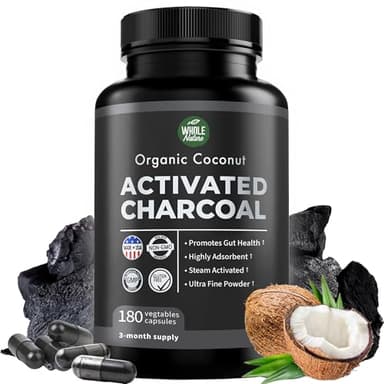 Pure Coconut Activated Charcoal Capsules - 180 Charcoal Pills, Helps with Teeth Whitening, Bloating and Body Cleansing. Non-GMO - Gluten Free, Vegan