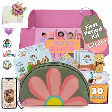 The Bloom First Period Kit for Girls 9-10-12-14 for School, Menstrual Starter Kit Gifts for Teens Girls Includes Sanitary Napkin Storage Bag, Pads, Wipes, Ebook, Period Tracker, Green (30-PC)