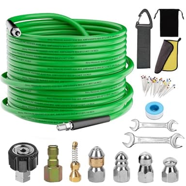 Sewer Jetter Kit for Pressure Washer,Water Jet Drain Cleaning Hose with Corner Rotating Button Spring Nose 1/4" NPT Sewer Cleaning Tool High-Pressure Nozzles,5800 PSI 50 FT
