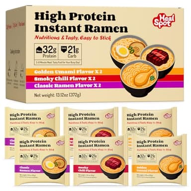 Healspot High Protein Instant Ramen Variety Pack, 6 Pack Non Fried Ramen Broth, 32g Plant Based Protein, Low Fat, Low Carb, Non GMO, Keto Friendly & Plant Based (Golden-Chicken,Smoky-Beef,Classic-Pork）