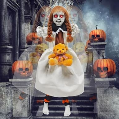 Scary Hanging Swinging Girl Halloween Decorations Outdoor, Large Halloween Animatronics Props Creepy Doll with Sound & Touch Activated for Party Indoor Outside Yard
