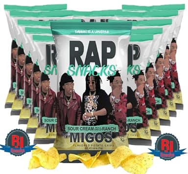 Rap ` Snacks Potato Chips 5 oz (Curated by RJ Snacks Value Pack) (Pack of 3, Migos Sour Cream & Ranch)