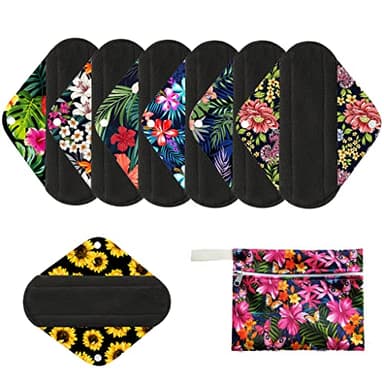 7pcs/Set Reusable Menstrual Pads Including 1pc Mini Wet Bag +6pcs Bamboo Charcoal Cloth Menstrual Incontinence Pads/Reusable Sanitary/Mama Panty Liners (All Randomly Prints)