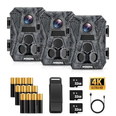WOSODA ﻿3 Pack Trail Cameras, 48MP 4K No-Glow Night Vision Game Camera, Trail Cam with Motion Activated, IP66 Waterproof,2''LCD Screen,120° Wide Lens Wildlife Camera,Outdoor Scouting & Security