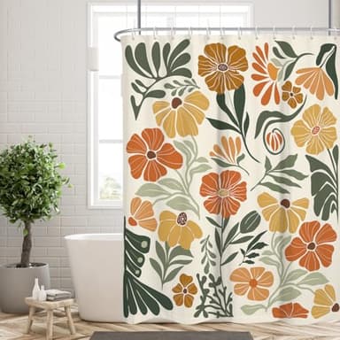RTFEVG Boho Floral Shower Curtain Cute Colorful Fun Abstract Orange Flower Vintage Bohemian Terracotta Botanical Mid Century Yellow Green Fabric Cloth Bathroom Decor Set 60x72 inch Polyester 12 Hooks