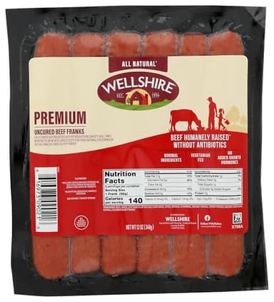 Wellshire Farms 12oz Beef Franks – All-Natural, Fully Cooked Hot Dogs Made with No Antibiotics or Hormones, Free from Animal By-Products and Artificial Preservatives