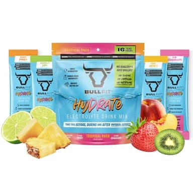 BullFit Hydrate Electrolyte Drink Mix, Tropical Variety Pack, Zero Sugar, Caffeine Free, Pink Himalayan Salt, Potassium, Magnesium, Kiwi Strawberry, Peach Mango, Pina Colada, Coconut Lime, 16 Packets