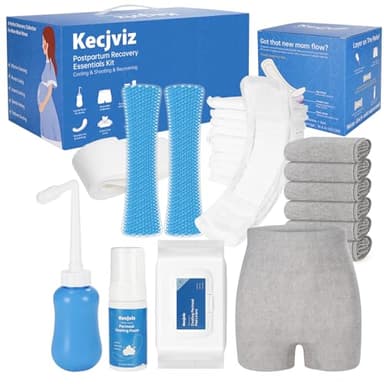 Postpartum Recovery Kit - 20 Pcs Hospital Bag Must Haves with Upside Down Peri Bottle, Disposable Underwear, Maternity Pads, Witch Hazel Foam & Reusable Cold Pad