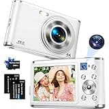 Digital Camera, Auto Focus 4K Vlogging Camera with FHD Dual Camera 48MP 16X Digital Zoom with 32GB Card, YouTube Portable Compact Point and Shoot Camera for Teens Beginner Adult,2 Batteries,White