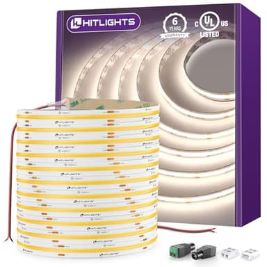 HitLights COB LED Strip Lights Neutral White 4000K, 32.8ft Premium High Density 24V Tape Light, 5120LEDs, 350+ LM/FT, CRI 90+, IP30, Lighting for Kitchen, Cabinets,UL Listed(Power Source Not Included)