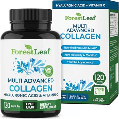ForestLeaf Multi Collagen Pills with Hyaluronic Acid + Vitamin C | Hydrolyzed Collagen Supplements for Women or Men | Multi Collagen Capsules Peptides for Skin, Wrinkles, 120 Caps