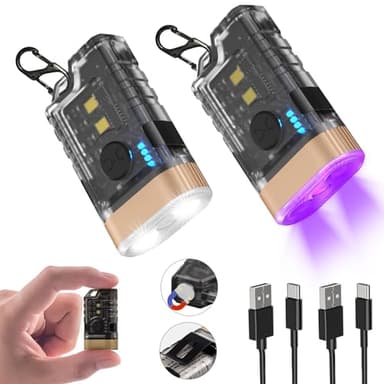 LED Small Powerful EDC Flashlight, 365nm UV Black Light, Mini Led Flashlight High LM, USB C Rechargeable Mini Keychain Flash Light with Clip, Tail Magnet, 9 Modes, Waterproof Pocket Flashlights 2 PC