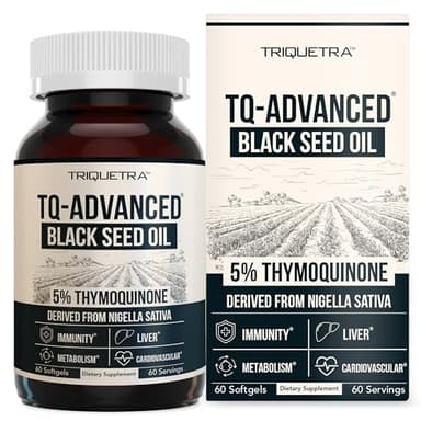 Black Seed Oil Softgels | 5% Thymoquinone - TQ-Advanced® | High Potency - 500 mg per Capsule - 15:1 Concentrate from Nigella Sativa Extract, Raw Form, Vegan Formula, Glass Bottle (60 Softgels)