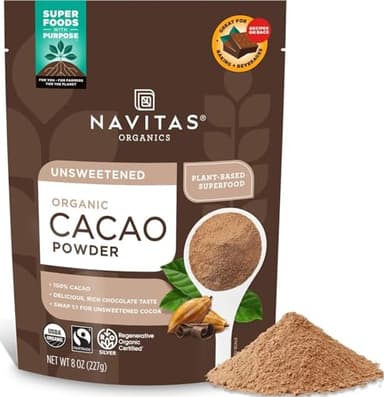 Navitas Organics Cacao Powder - Cocoa Powder Substitute 1:1, For Hot Chocolate, Baking & More - Regenerative Organic Certified, Non GMO, Fairtrade, Gluten Free, Non-alkalized (8oz. Bag, 38 Servings)