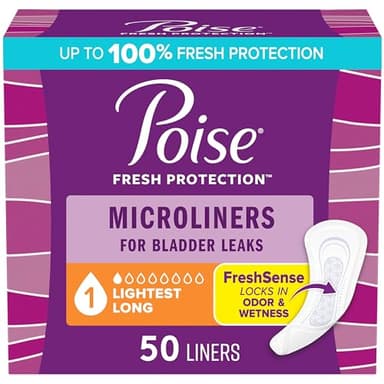 Poise Daily Microliners, Incontinence Panty Liners for Bladder Leaks, 1 Drop Lightest Absorbency, Long Length, 50 Count of Pantiliners