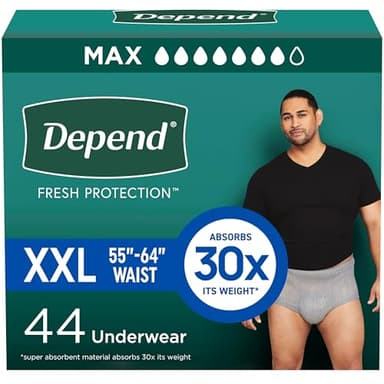 Depend Fresh Protection Adult Diapers, Incontinence Underwear for Men, Disposable, Maximum, Extra-Extra-Large, Grey, 44 Count (2 Packs of 22), Packaging May Vary