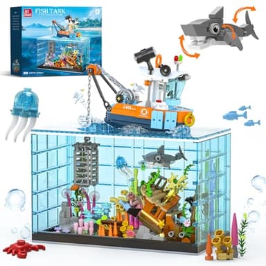 NERCISU Fish Tank Building Blocks Set, Aquarium Building Set with LED Lights, Including Ocean Shark, Jellyfish, Fishing Boat, STEM Gift for Kids Boys Girls Age 8-12+ and Adults(830PCS)
