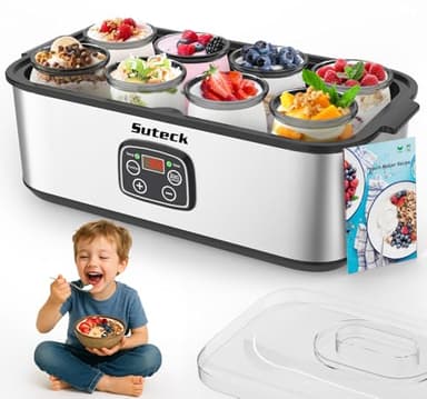 Suteck Yogurt Maker - Stainless Steel Yogurt Makers with Adjustable Time & Temp Control，Automatic Shut-Off & Constant Temper for Homemade Greek, Probiotic Yogurt, BPA-Free 8 Glass Jars (48 oz), Black