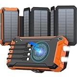 GOODaaa Solar Power Bank Wireless Charger 36800mAh Solar Charger with Five Solar Panels Built-in Four Cable Five Outputs Portable Power Bank for Cell Phone with Dual Flashlights, Carabiner