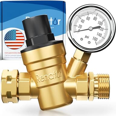 Renator RV Water Pressure Regulator for RV Camper. Brass Lead-free Adjustable Water Pressure Regulator with Gauge for Camper Travel Trailer, Reducer Valve W Filter. M11-0660R.