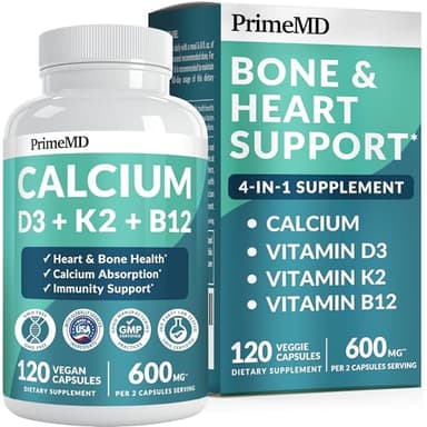 4-in-1 Calcium Supplements for Women and Men - Calcium with Vitamin D3 K2 5000 IU Supplement, 600mg per Serving - Gluten-Free, Vegan-Friendly (120 ct)