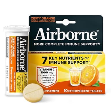 Airborne Immune Support Effervescent Tablets, Zesty Orange Flavor - 10ct with 1000mg Vitamin C + Vitamins A, D, E, Zinc, Selenium, Manganese & Herbal Blend - Sugar‑Free, Gluten‑Free