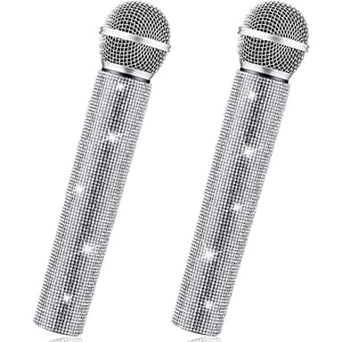 Threan 2 Pcs Fake Microphone Prop Christmas Toy Sparkly Glitter Rhinestone Bling Pretend Plastic Play Microphone Toy Mic Novelty Party Favor for Christmas Cosplay Party Costume(Silver)
